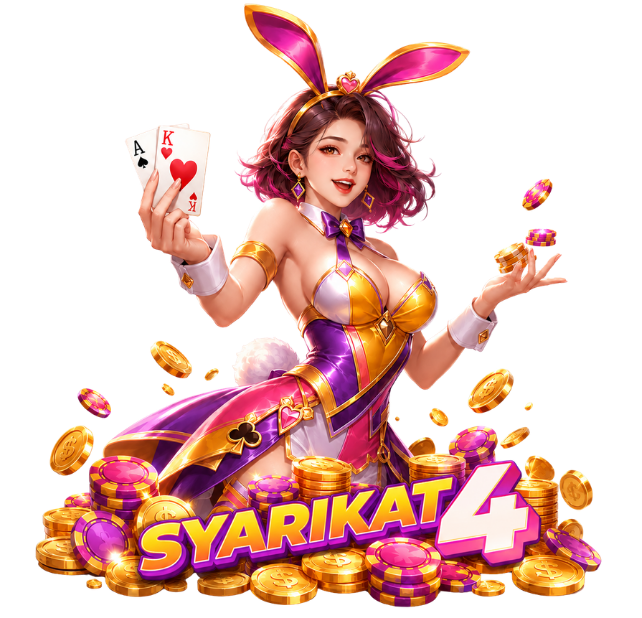 SYARIKAT4 casino mascot holding Ace and King cards with gold coins